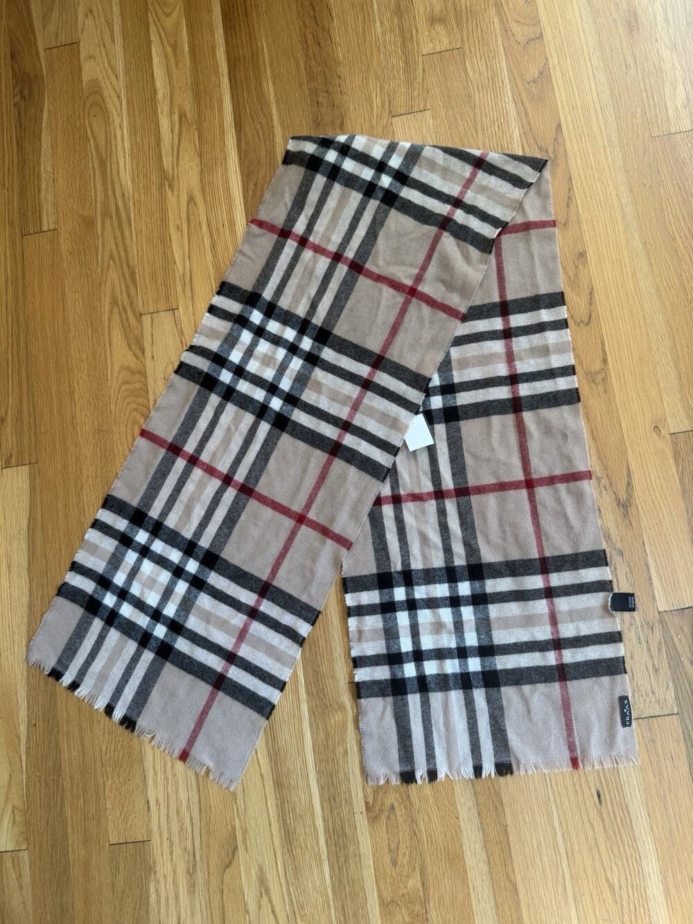 V. Fraas Cashmere Scarf Tan nova check Plaid Check Germany made 70” X 14” preppy
